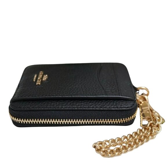COACH Zip Card Case Black Pebble Leather Gold Accents Detachable Chain - Picture 6 of 7